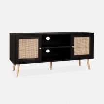 120cm Scandi-style wood and cane rattan TV stand, Black