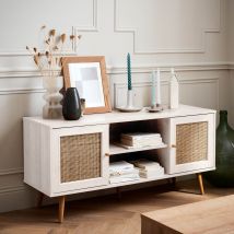Scandi-style wood and cane rattan TV stand, White