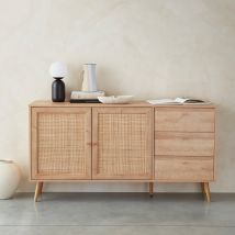 Scandinavian wood and cane effect sideboard 150 cm, Natural