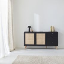 Scandinavian wood and cane effect sideboard 150 cm, Black