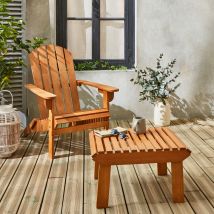 Foldable wooden retro garden armchair with multipurpose side table, Natural
