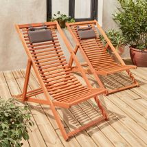 Pair of slatted wood deck chairs, Natural