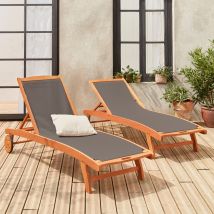 Pair of wooden and textilene sun loungers, Anthracite