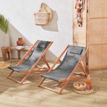 Pair of pre-oiled FSC eucalyptus deck chairs with headrest cushions, Anthracite