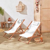 Pair of pre-oiled FSC eucalyptus deck chairs with headrest cushions, White