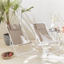 Pair of aluminium and textilene deck chairs with headrest cushions,