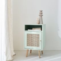 Scandi-style wood and cane rattan bedside table with cupboard, Celadon Green