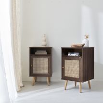 Pair of Scandi-style wood and cane rattan bedside tables with cupboard, Dark wood colour