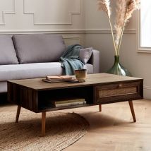 Wood and cane rattan coffee table, Dark wood colour