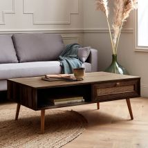 Coffee table with wood and cane effect, Dark wood colour