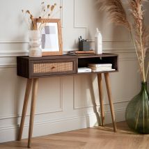 Wood and cane rattan console table, Dark wood colour