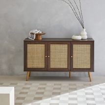 3-door wood and cane rattan sideboard cabinet, Dark wood colour