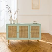 3-door wood and cane rattan sideboard cabinet, Celadon Green