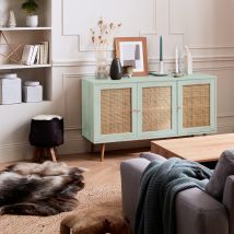 Wood and cane rattan detail sideboard with 3 doors, Celadon Green