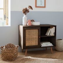 Scandi-style wood and cane rattan storage cabinet, Dark wood colour