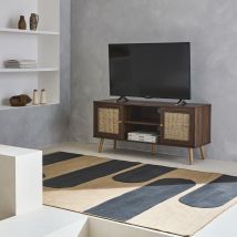 120cm Scandi-style wood and cane rattan TV stand, Dark wood colour