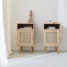 Pair of Scandi-style wood and cane rattan bedside tables with cupboard, Natural