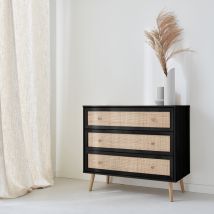 Wood and cane rattan detail 3-drawer chest, Black