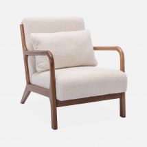 Sillón escandinavo de borreguito y madera de hevea, Blanco