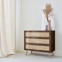 Wood and cane rattan detail 3-drawer chest, Dark wood colour