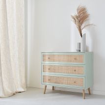 Wood and cane rattan detail 3-drawer chest, Celadon Green