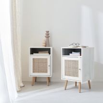 Pair of Scandi-style wood and cane rattan bedside tables with cupboard, White