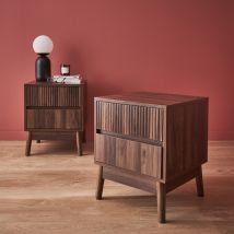 Pair of grooved wooden bedside tables, Dark wood colour