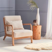 Scandi-style wooden armchair with cushion, Beige