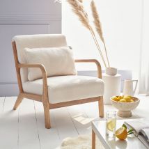 Scandi style wooden armchair with cushion bouclette, White