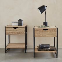 Pair of metal and wood-effect bedside tables, Natural
