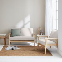 Panca e poltrona a 3 posti in legno e tessuto, Beige