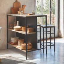 Wood and metal high table, 2 shelves, 2 stools, Natural