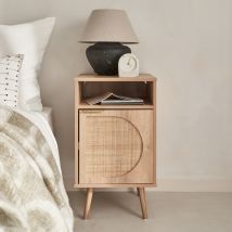 Wood and rounded cane rattan bedside table, Natural