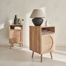Pair of wood and rounded cane rattan bedside tables, Natural