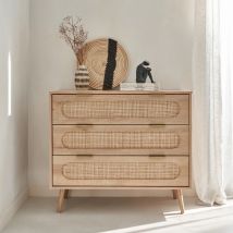 Wood and rounded cane rattan 3-drawer chest, Natural