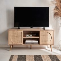Wood and rounded cane rattan TV stand, Natural