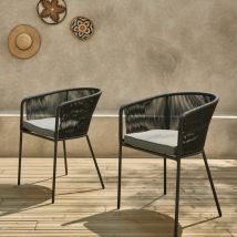 Sillón de jardín de cuerda y acero galvanizado, set de 2, Negro