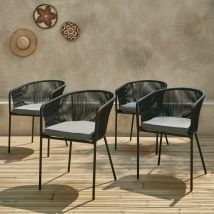 Set di 4 poltrona da giardino in corda e acciaio zincato, Nero
