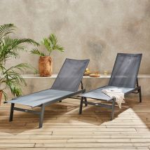 Pair of textilene and metal multi-position loungers, Anthracite