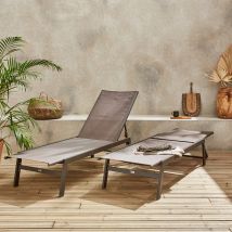 Pair of textilene and metal multi-position loungers, Beige-brown