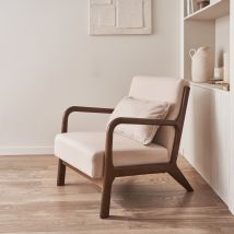 Poltrona scandinava in tessuto beige e legno di hevea tinto noce, Beige