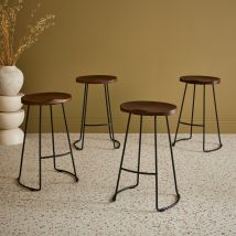 Set of 4 industrial metal and wooden bar stools, Walnut stained