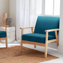 Scandi-style wood frame upholstered armchair, Petrol Blue