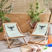 Set di 2 sedie a sdraio in legno per bambini con motivi, Verde