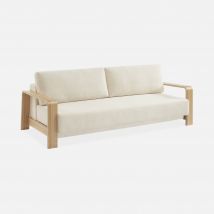 Sofá cama de 3 plazas en borreguito con reposabrazos de madera, Blanco