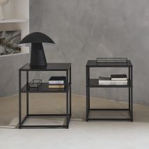 Pair of 2 black metal bedside table with shelf, Black