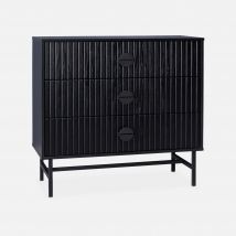 Wood-effect 3-drawer chest with black grooves, Black