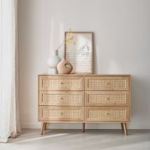 Cómoda de 6 cajones con efecto madera y caña, Natural