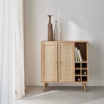 Sideboard with bottle holder, wickerwork and wooden decor, Natural