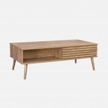 Scandinavian coffee table with sliding doors, grooved wood decor, Natural